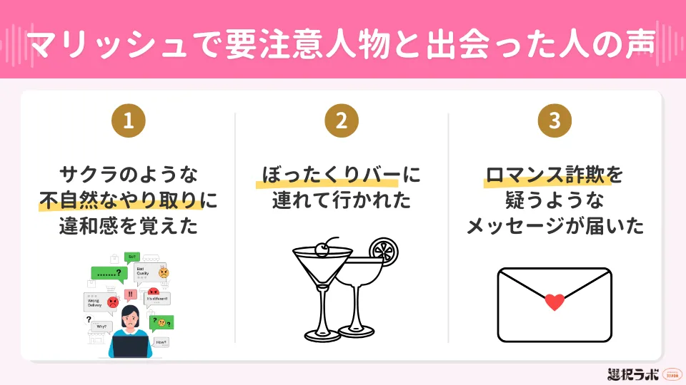 マリッシュで要注意人物と出会った人の声